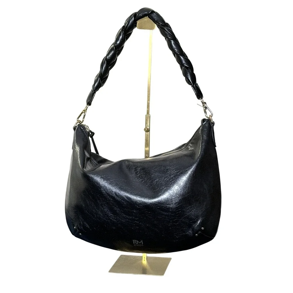 Rebecca Minkoff Megan Braided Hobo Bag Medium Black Gold Logo Minimalist